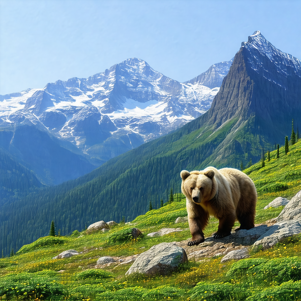 Large brown bear standing on a rocky hillside, overlookin...