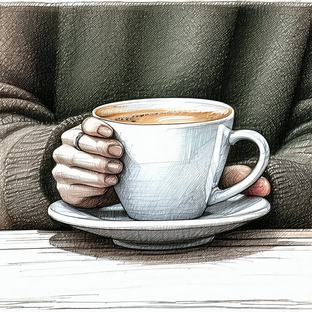 Person sitting at a dining table, holding a cup of coffee