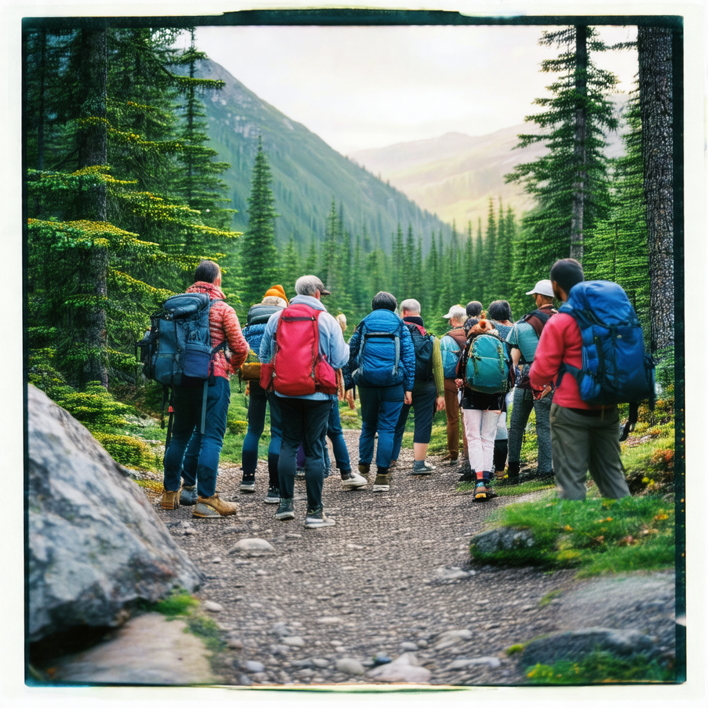 Group of people walking together on a dirt path in the woods