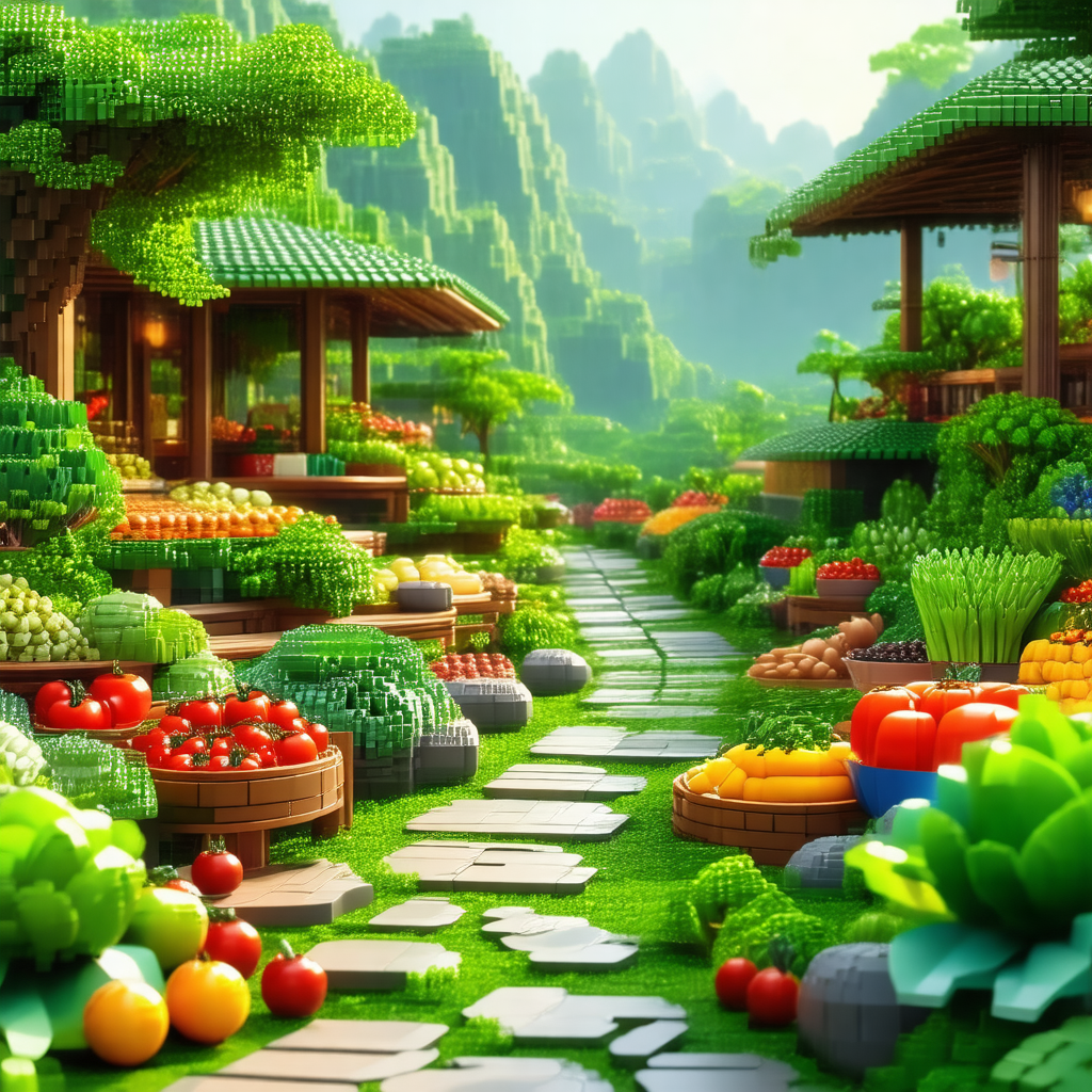 3d digital artwork of a garden with a variety of fruits a...