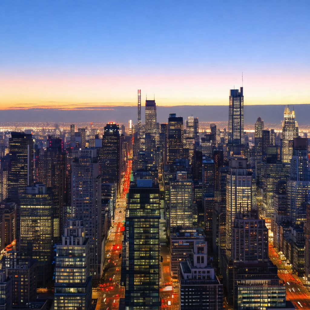 Nighttime view of a large city, with a skyline filled wit...