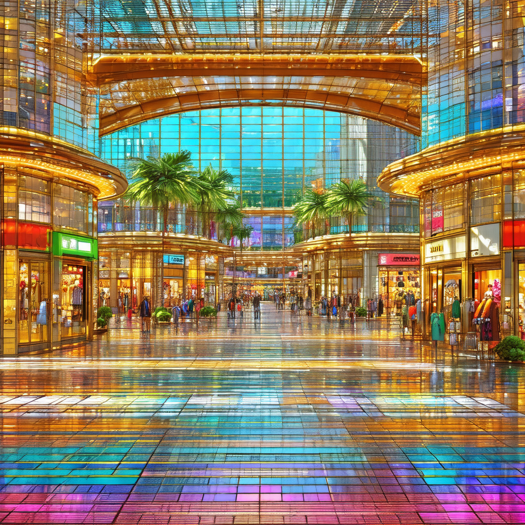 Bustling shopping mall filled with people walking around ...