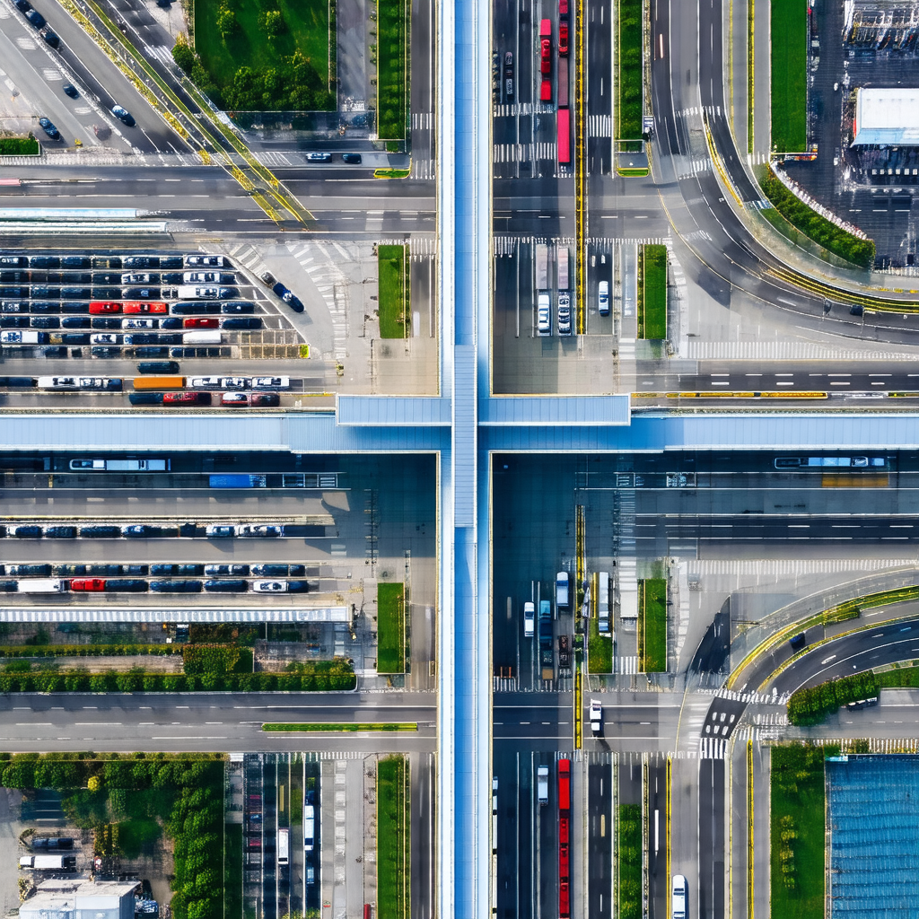 Bird's eye view of a busy city intersection with a large ...