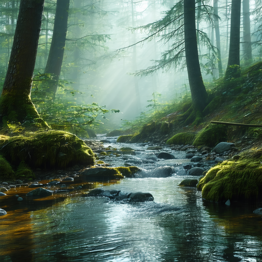 Serene forest scene with a small stream flowing through t...