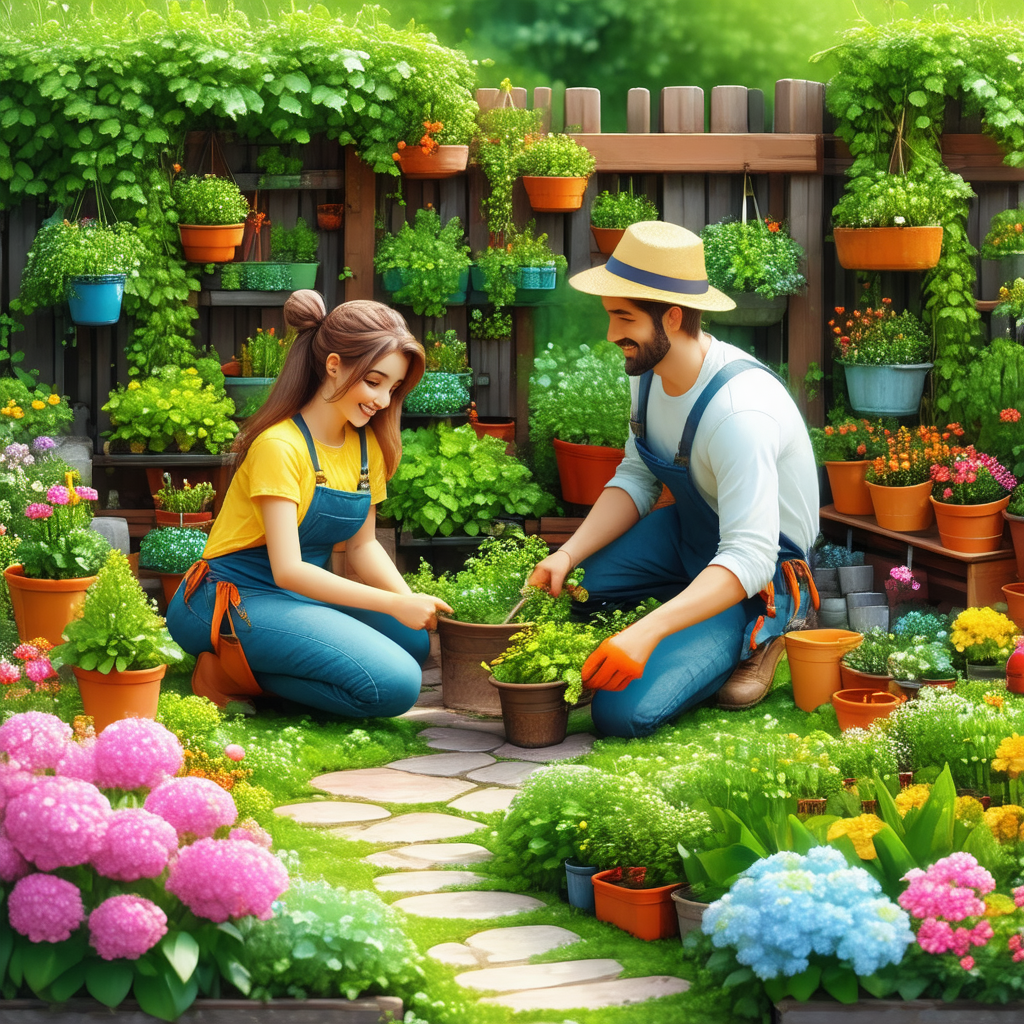 Man and a woman working together in a garden, planting fl...