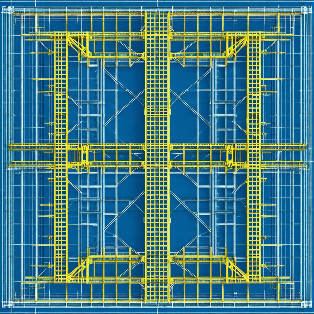 Blue and yellow construction site with a large h-shaped s...
