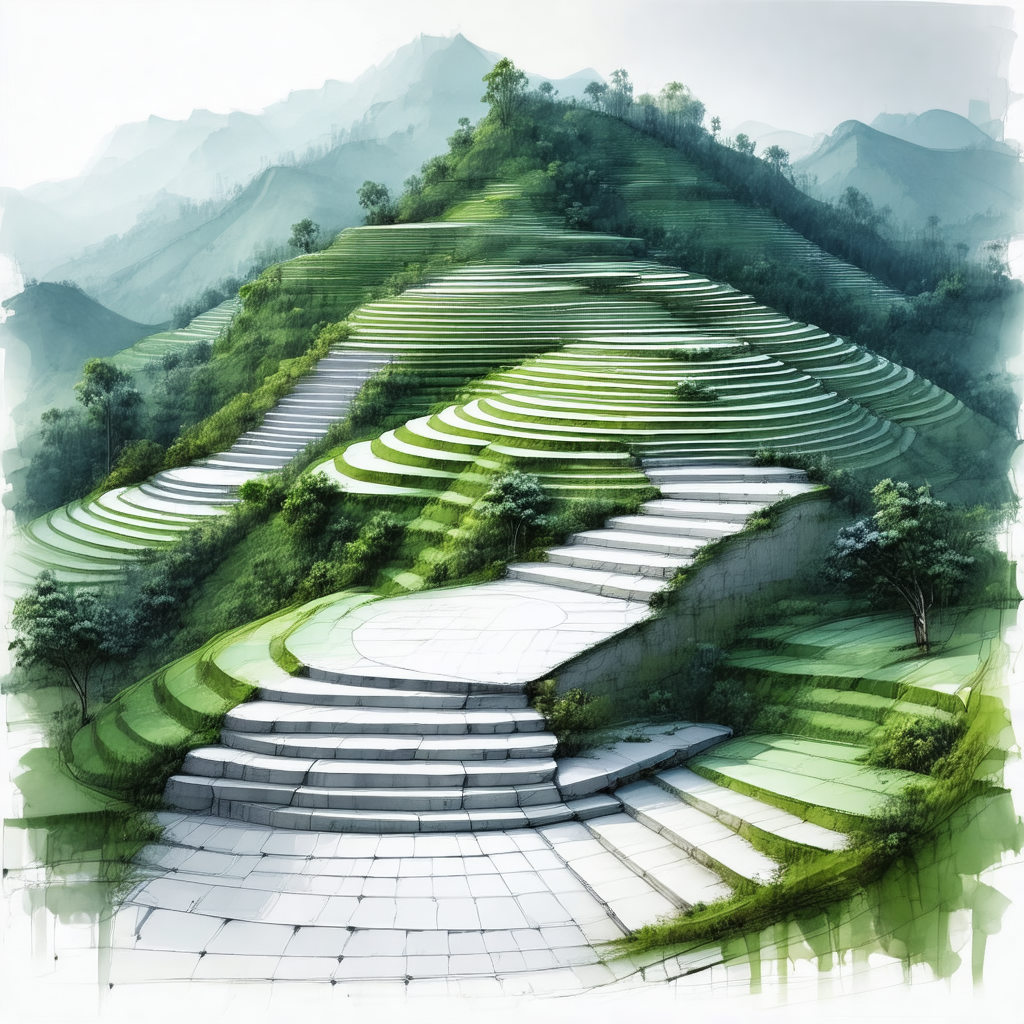 Painting of a mountain with a series of steps leading up ...