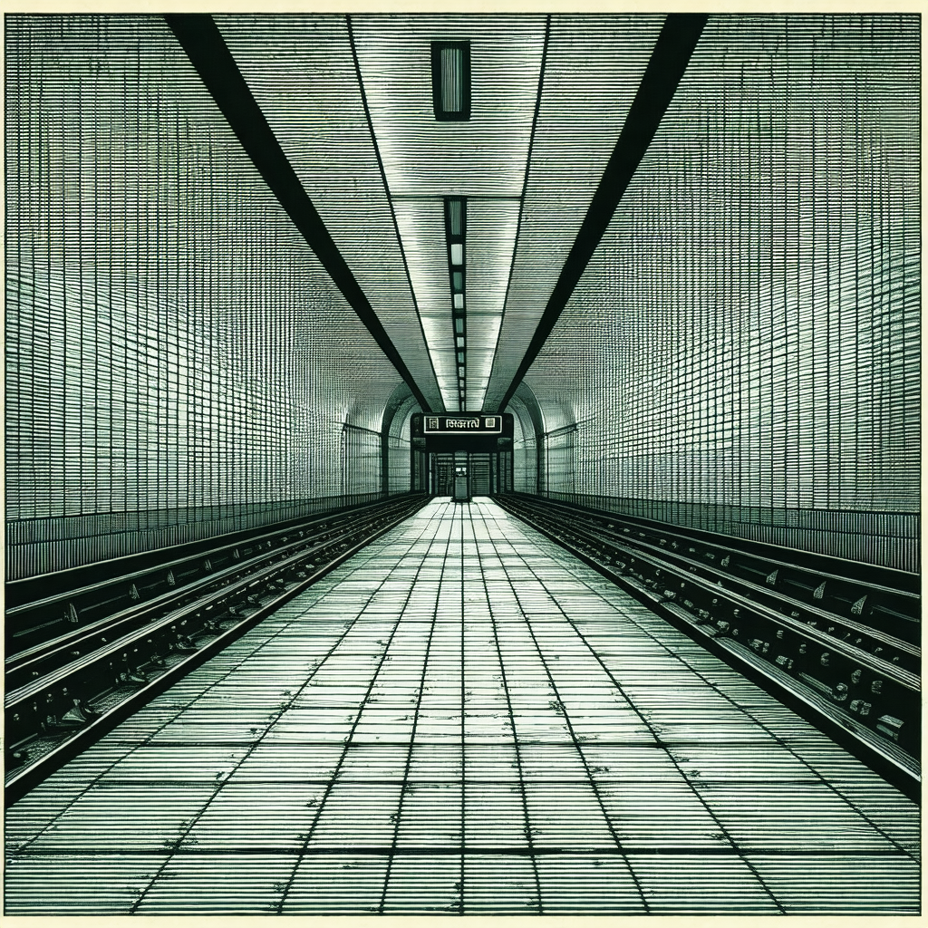 Black and white drawing of a subway station