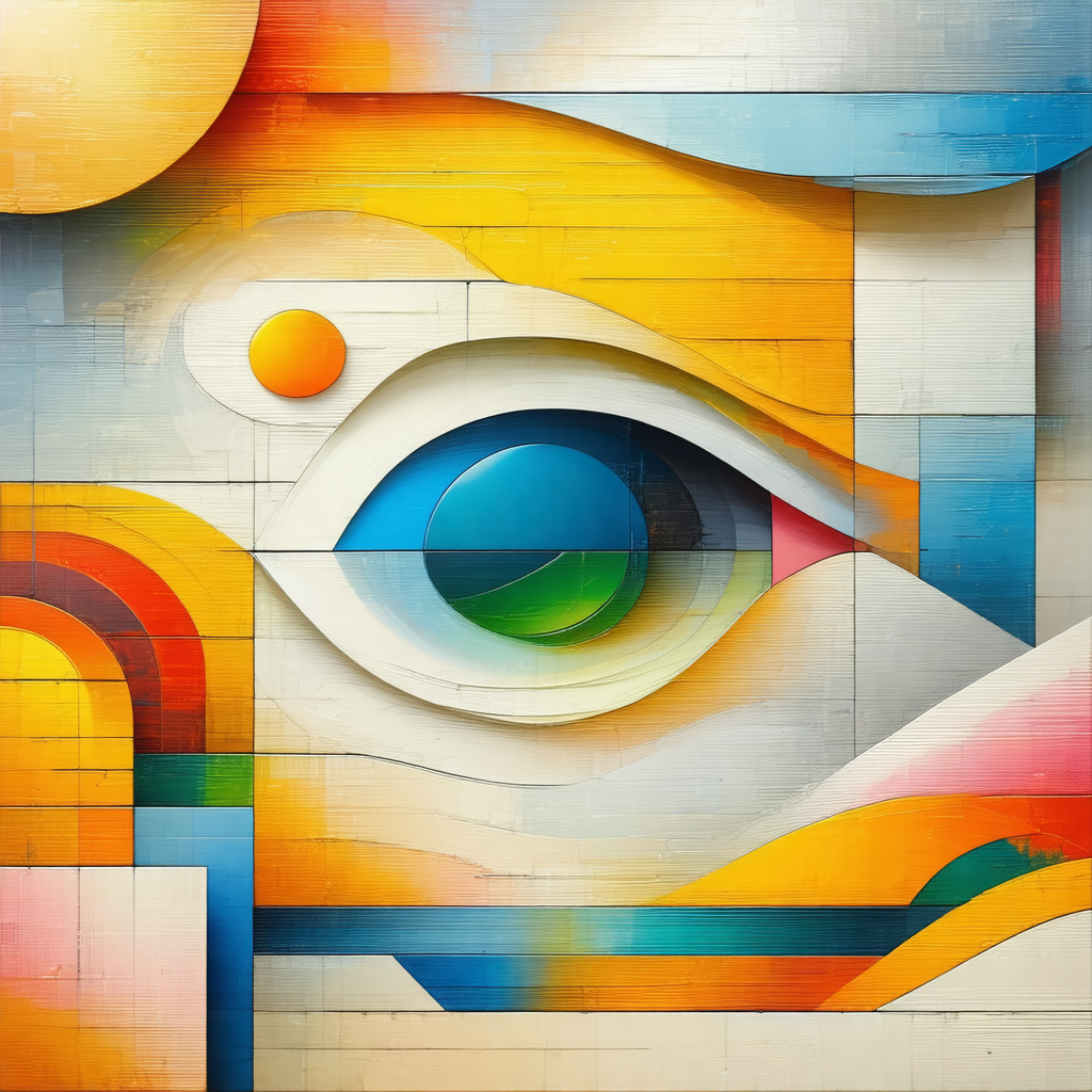 Painting of a person's face, with a large blue eye taking...