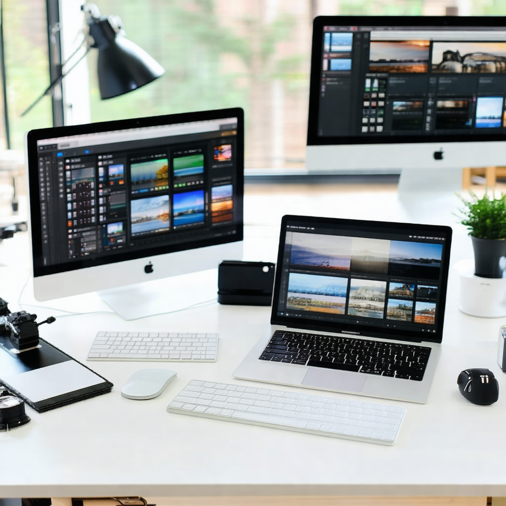 White desk with a laptop and two computer monitors placed...