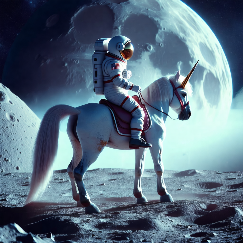 Describe this image in detail.

The image features a man dressed in a space suit, riding a white horse on a rocky surface