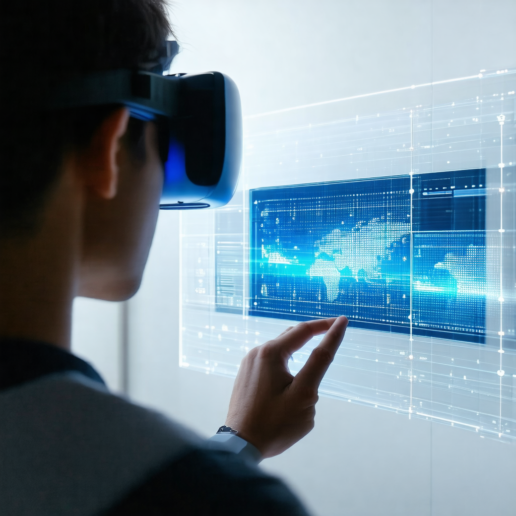 Describe this image in detail.

The image features a man wearing a VR headset, which is displaying a map of the world
