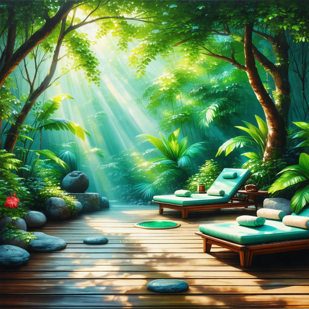Describe this image in detail.

The image depicts a serene and peaceful scene of a lounge chair situated on a wooden deck, surrounded by a lush green forest