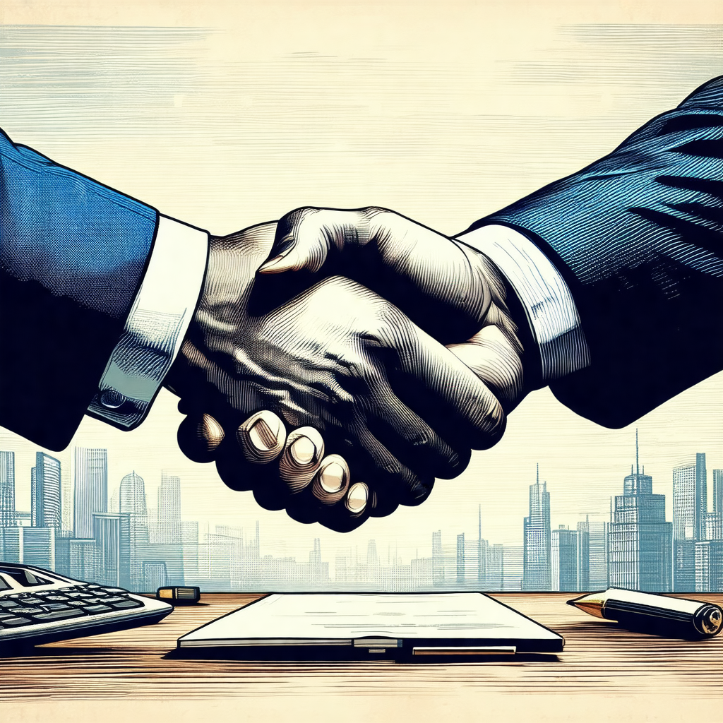 Describe this image in detail.

The image is a black and white drawing of two men shaking hands