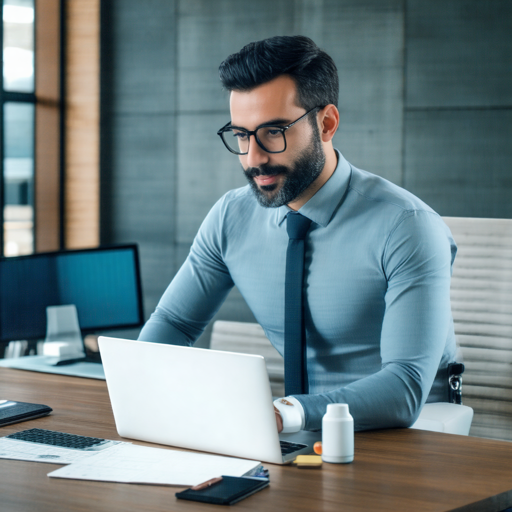 Describe this image in detail.

The image features a man sitting at a desk, working on a laptop computer