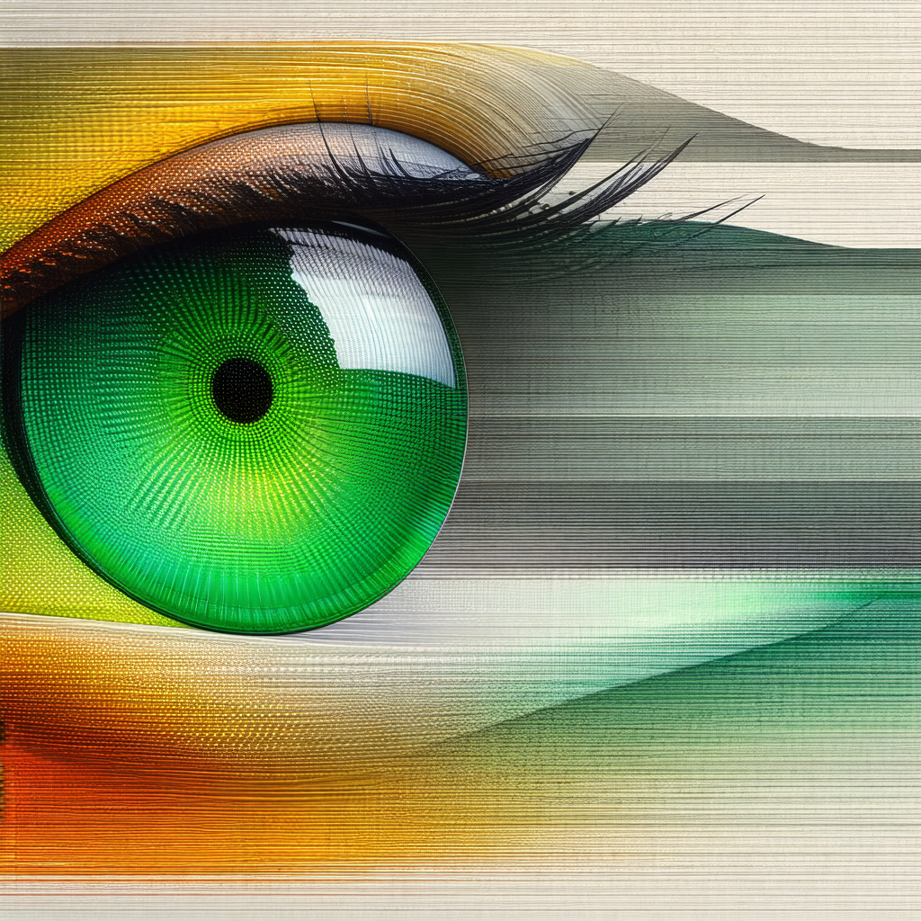 Describe this image in detail.

The image features a close-up of a person's eye, with a vibrant green color
