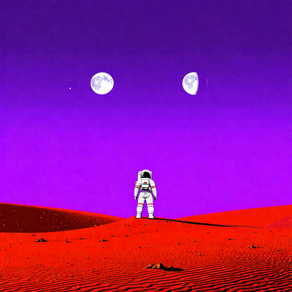 Describe this image in detail.

The image features a man standing on a red dirt field, possibly on a desert planet