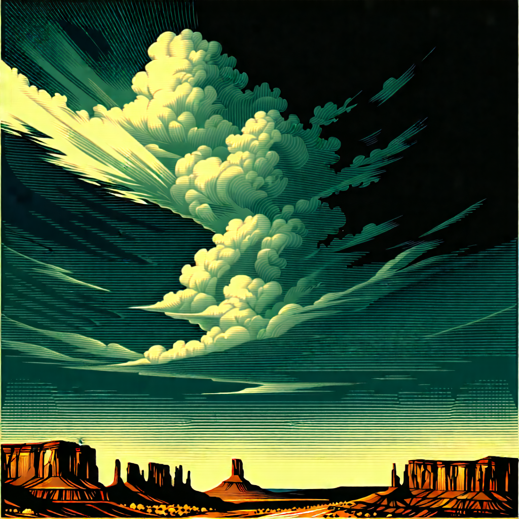 Nature Woodcut Print: (dramatic:1.16) Clouds Over Canyon Floor With Painting Cloudy