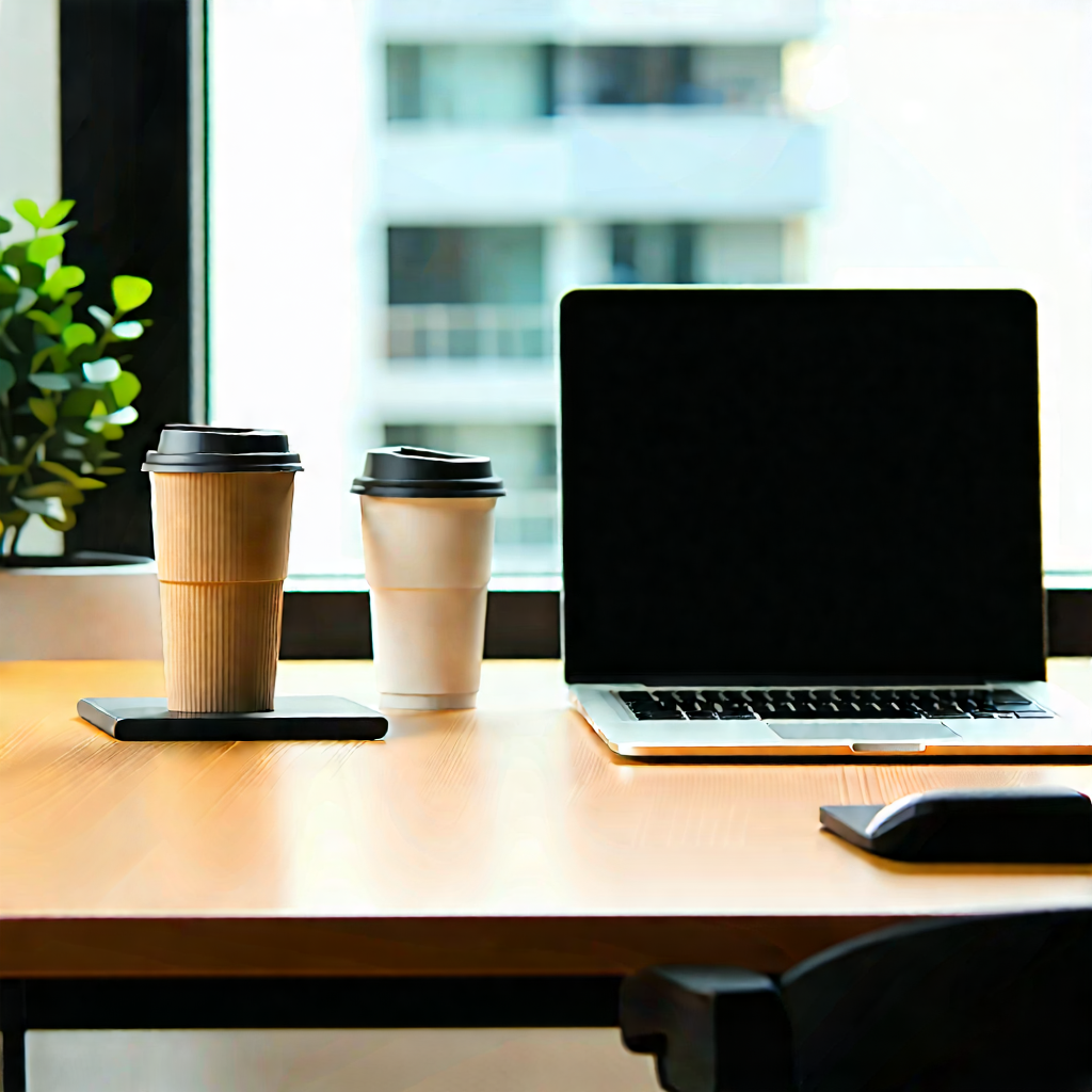 Business Low Poly: Workplace with laptop and coffee on desk