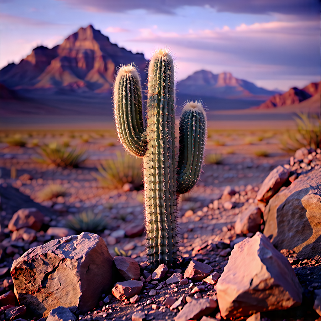 Nature Editorial Photography: Cactus In Rocky Terrain With Cactus Plant