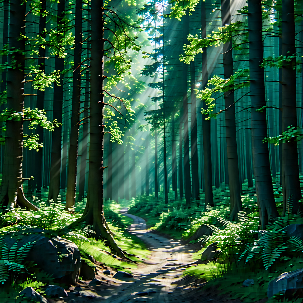 Nature Flat Design: Path Through Dense Forest With Painting Forest