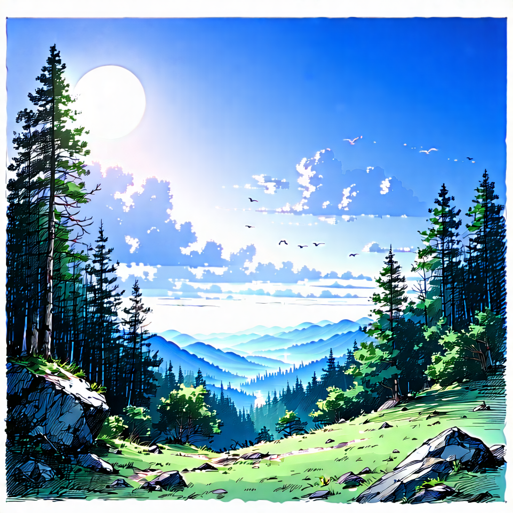 Nature Ink Drawing: Clear Sky Over Forest Clearing With Beautifully Drawn