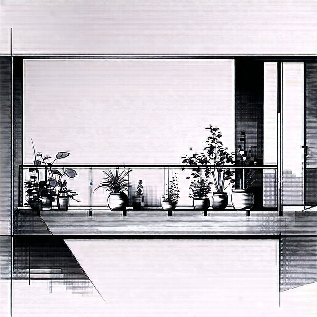 Lifestyle Ink Drawing: Balcony Garden With (minimalist:1.47) Decor With Black White