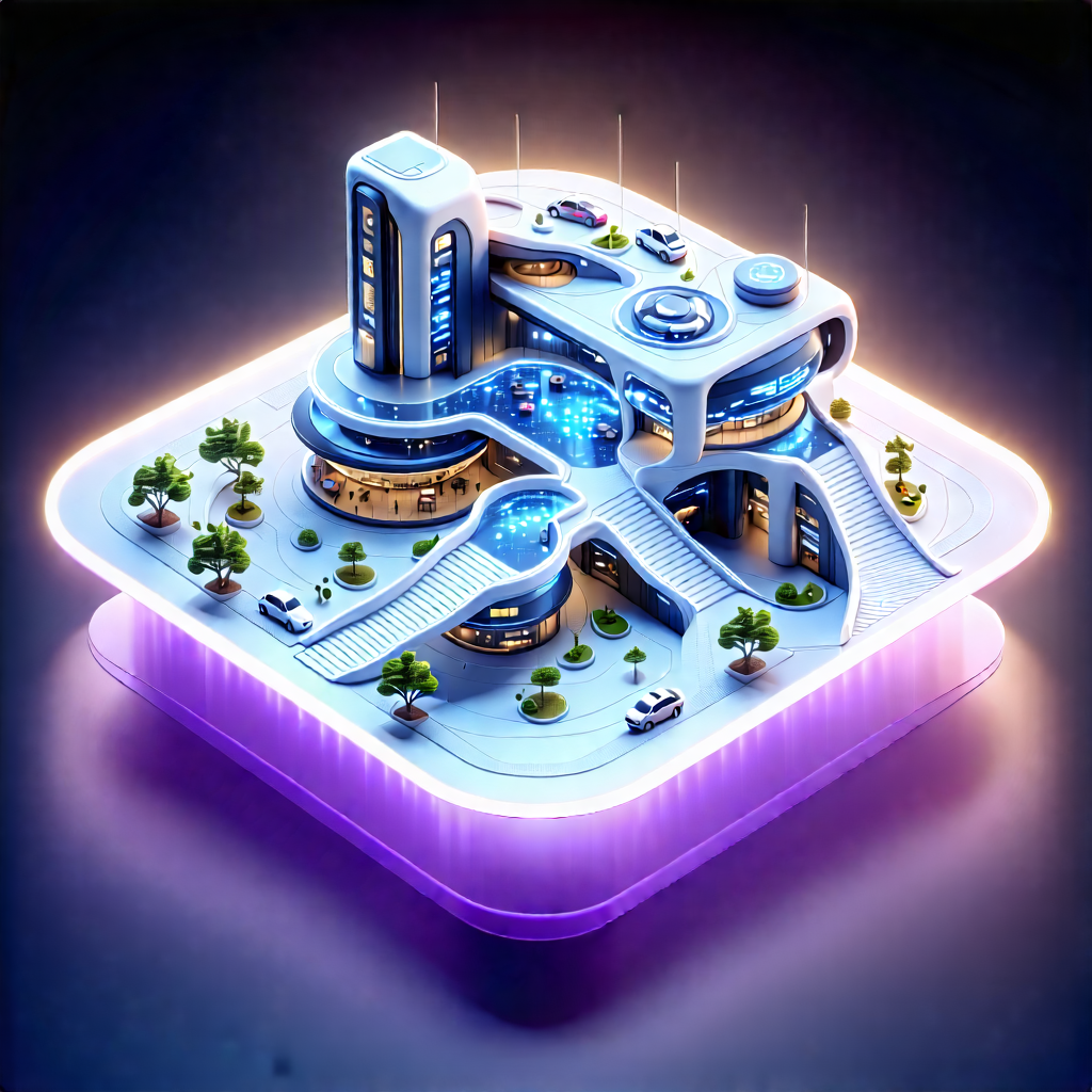Tech Isometric Design: (futuristic:1.34) Innovation Hub With Model Futuristic