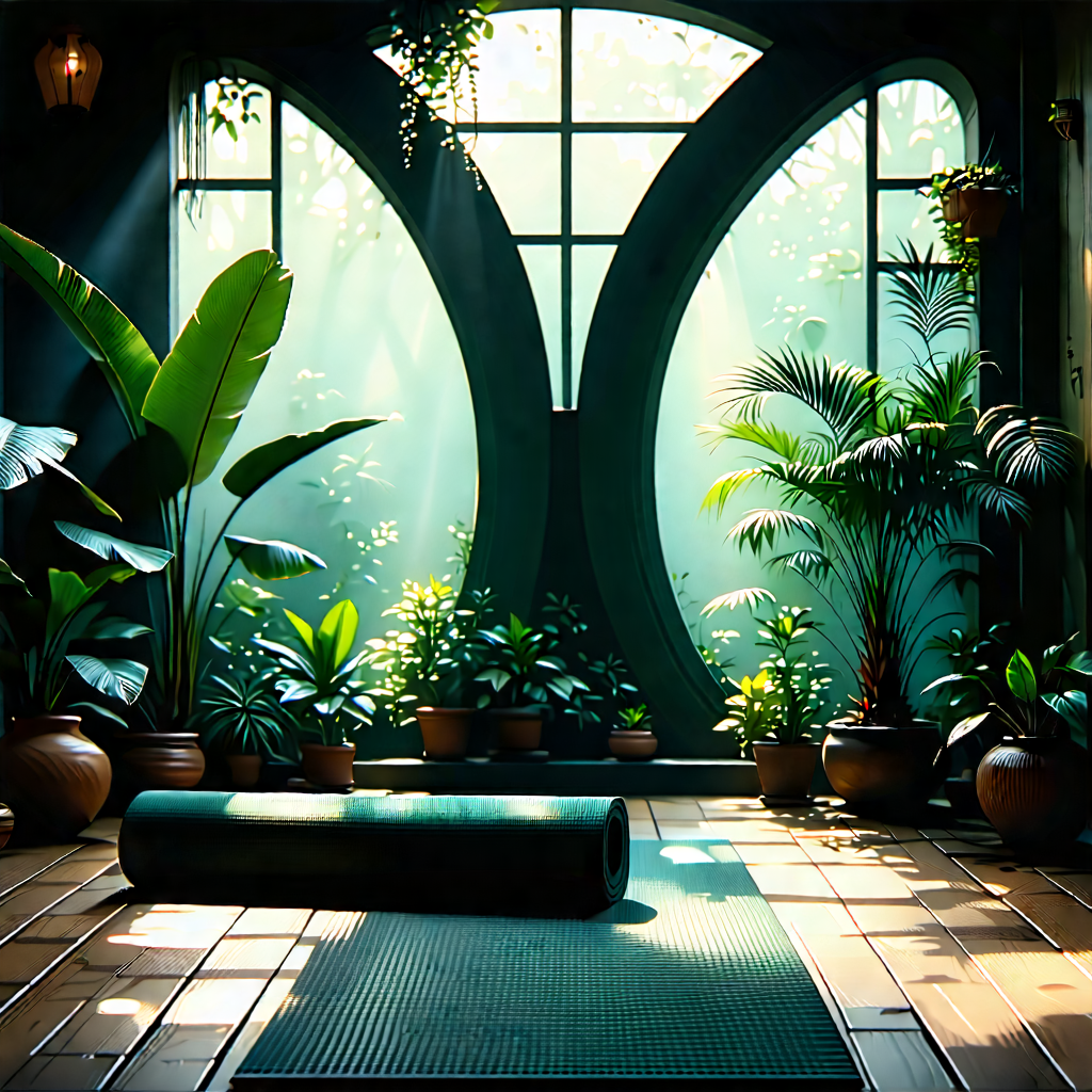 Lifestyle Etching: Wellness Scene With Yoga Mat And Plants With Image, There