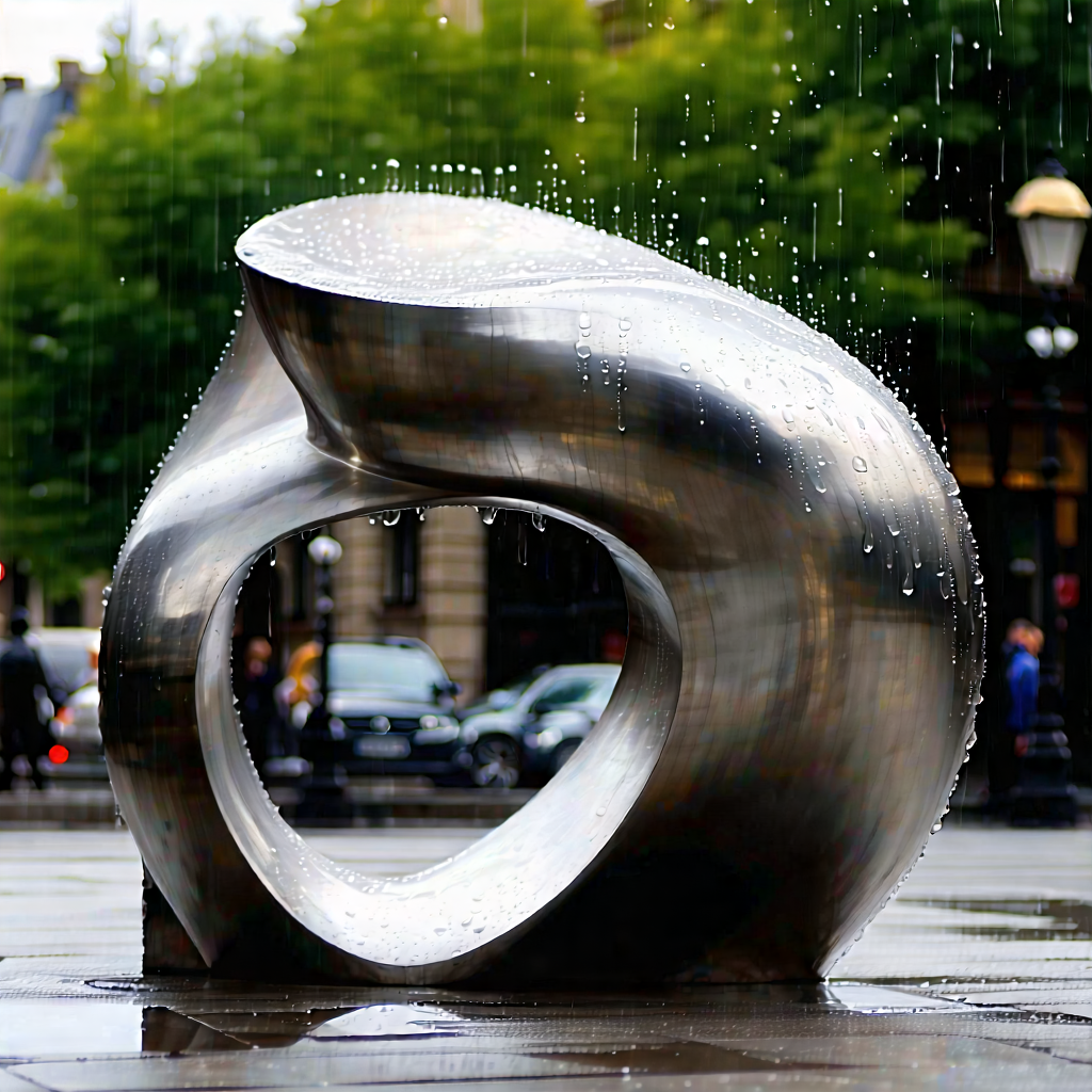 Urban Editorial Photography: (modern:1.14) sculpture with (rain:1.13)-slicked streets