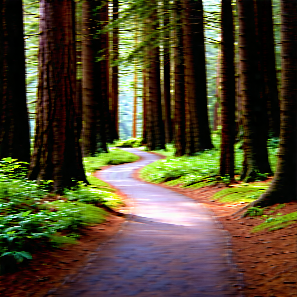 Nature Advertising Photography: Path Through Redwood (forest:1.14) With Pathway Surrounded
