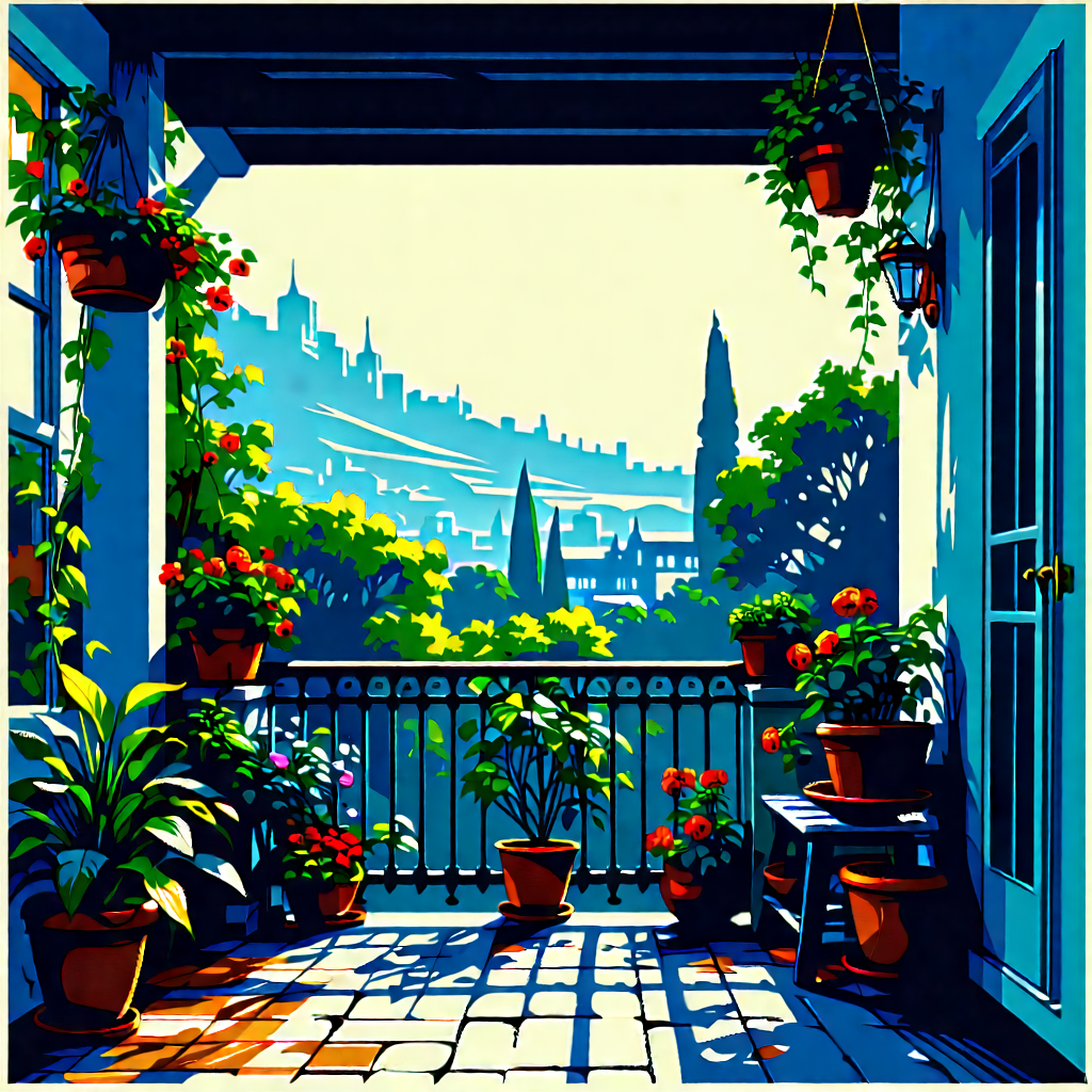 Lifestyle Linocut Print: Balcony Garden With Warm Lighting With Painting Beautiful
