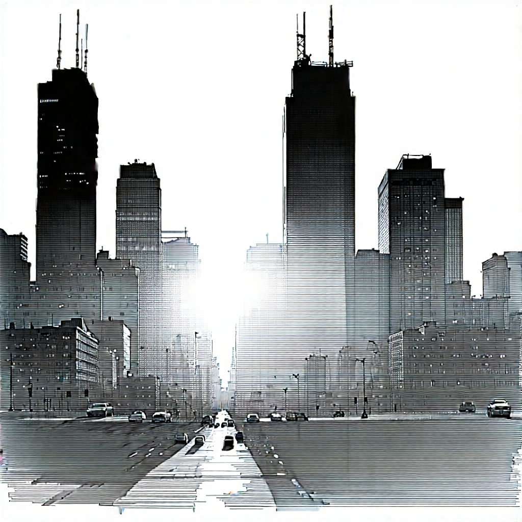 Urban Ink Drawing: Cityscape Of Downtown District During Midday With Black White