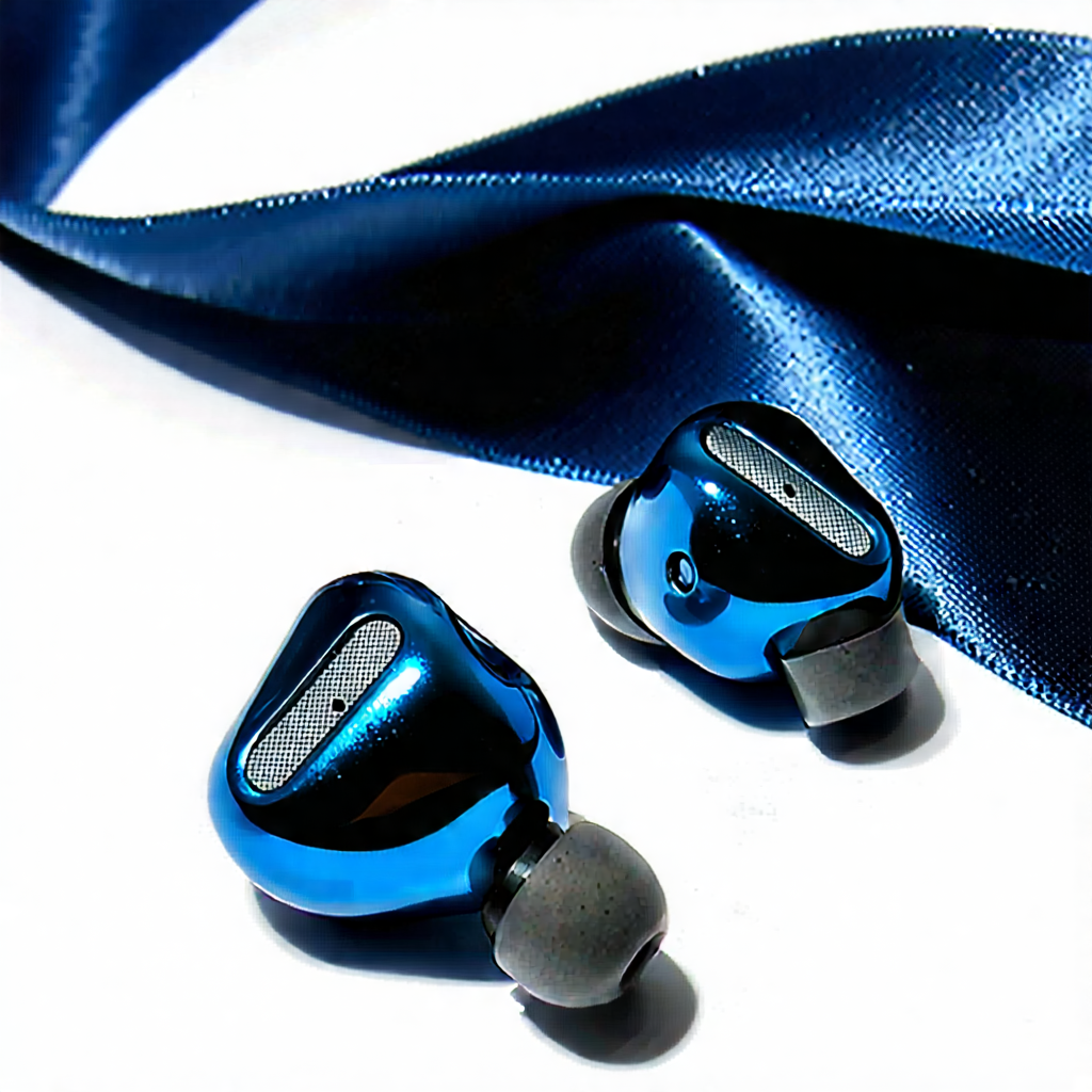 Tech Watercolor Painting: Wireless Earbuds With User Interface With Pair Blue