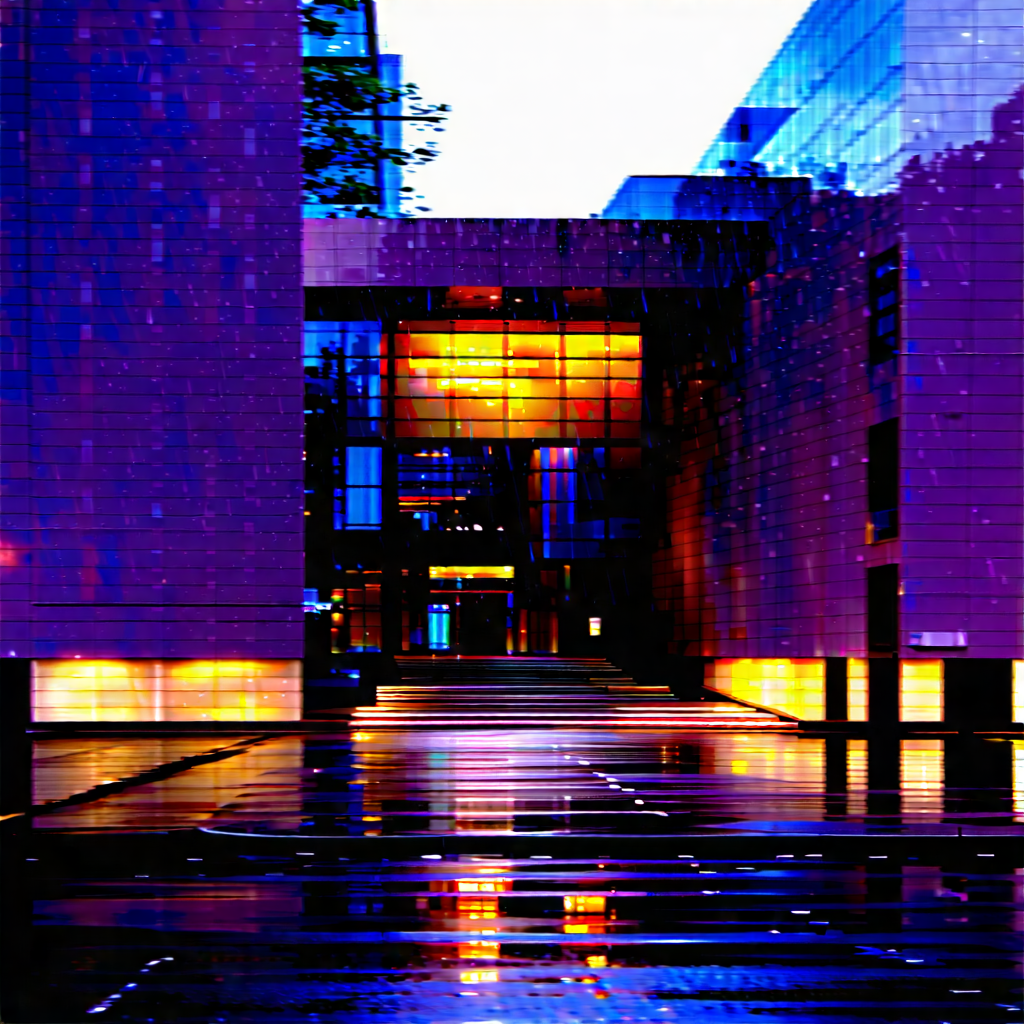 Urban Landscape Photography: Cultural center with (rain:1.32)-slicked streets