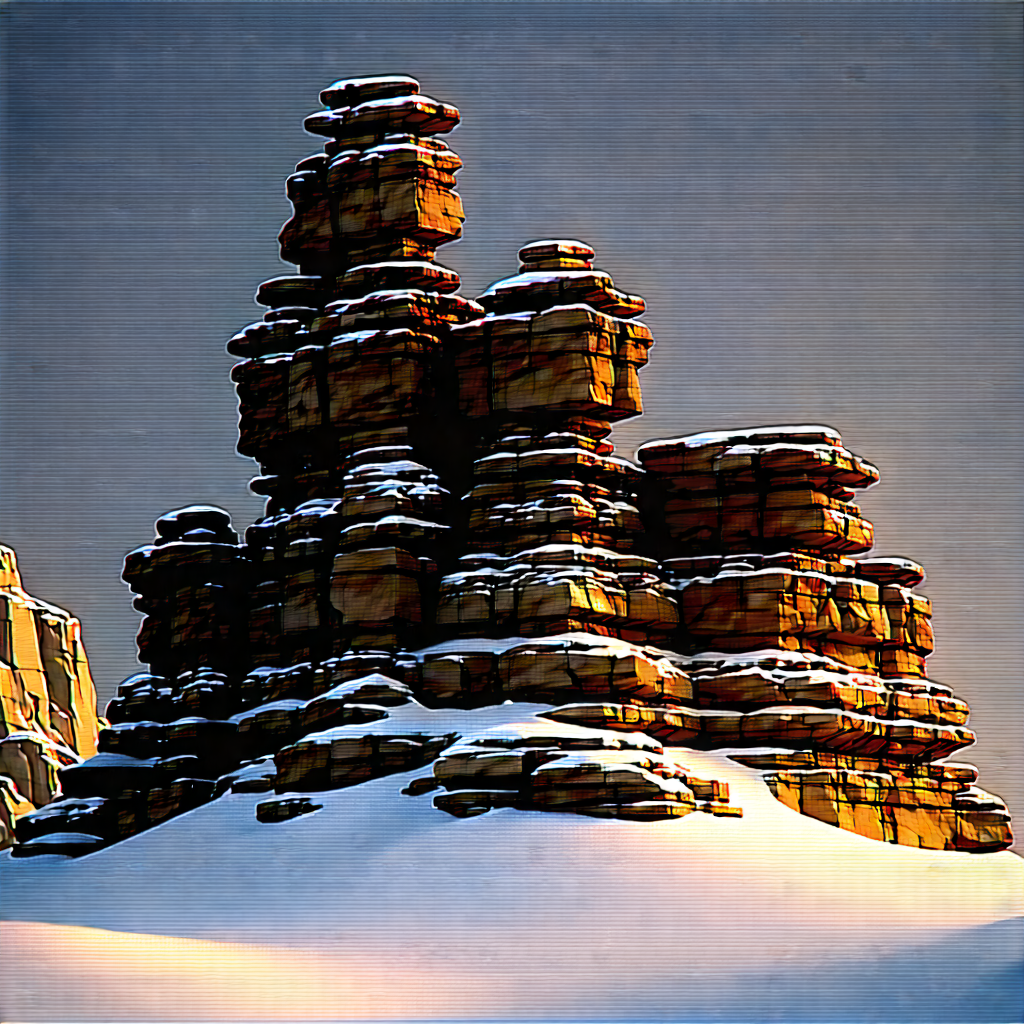 Nature Octane Render: Rock Formation In Winter Snow With Large Rock