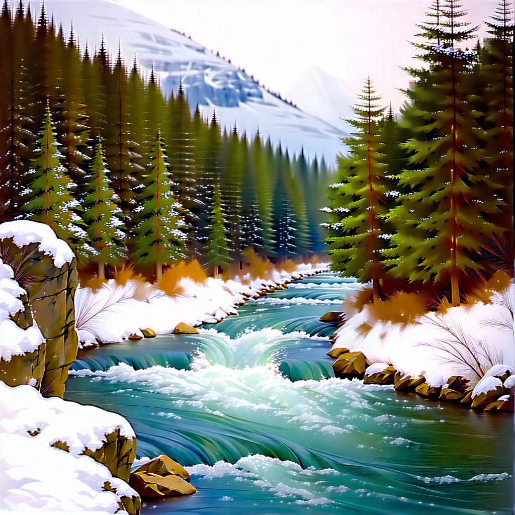 Nature Pastel Drawing: Rushing River Surrounded By Snow-covered Trees With Beautiful Scene