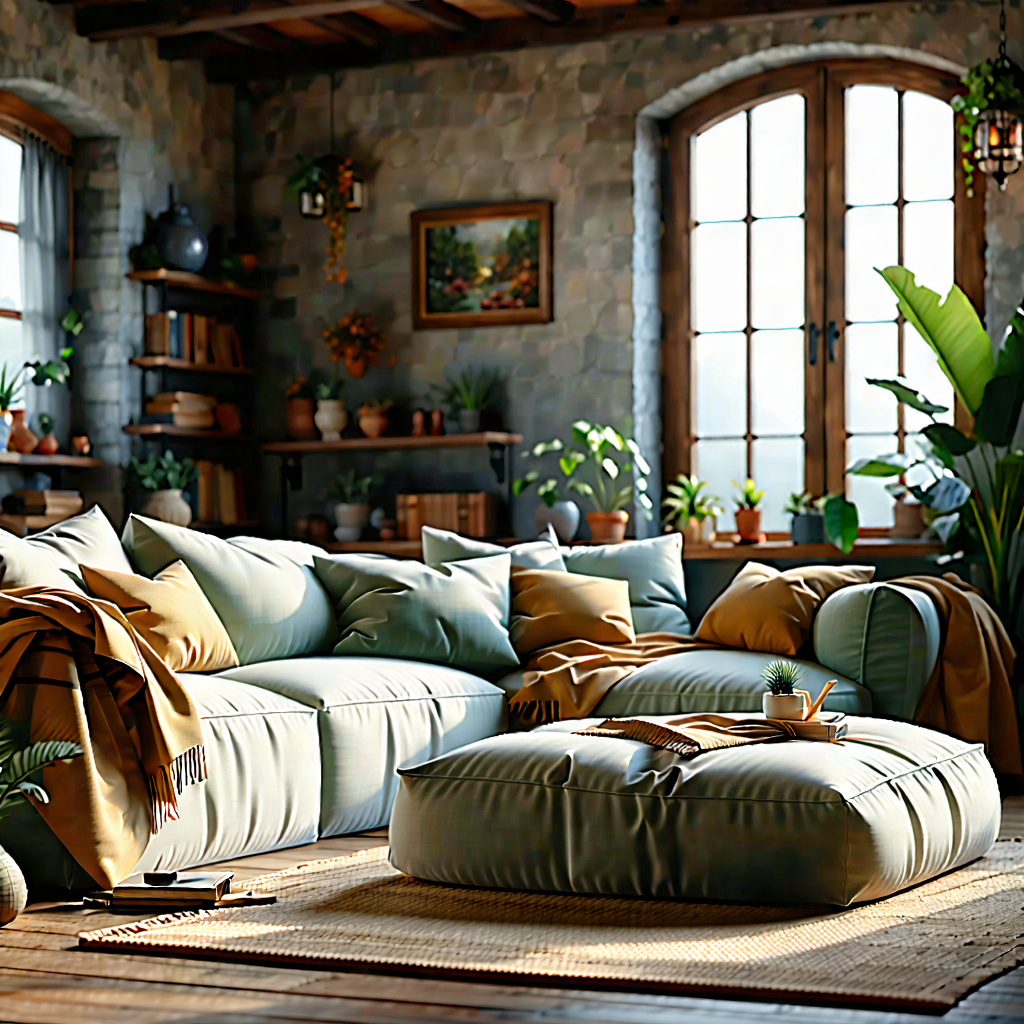 Lifestyle Digital Illustration: Cozy living room with comfortable textiles