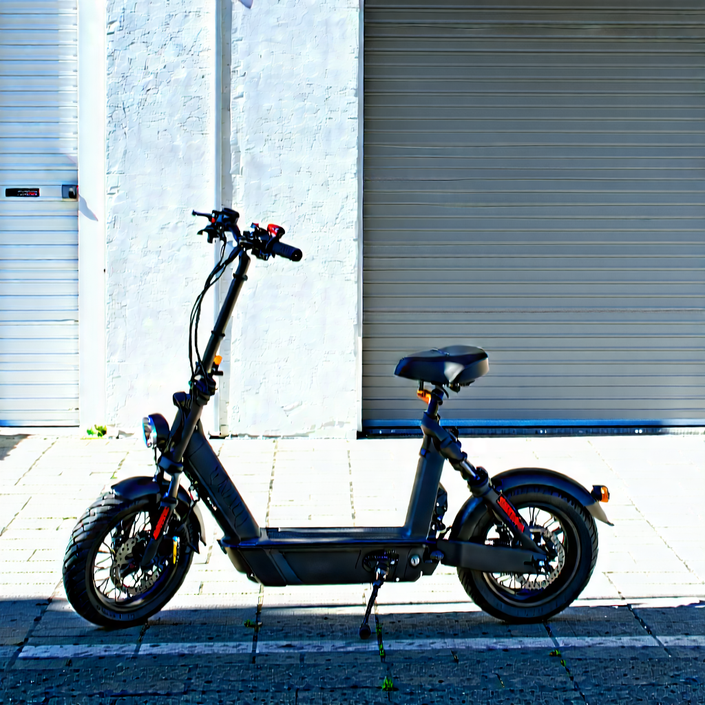 Urban Product Photography: (city:1.18) Electric Scooter In Quiet Side Street With Black Silver
