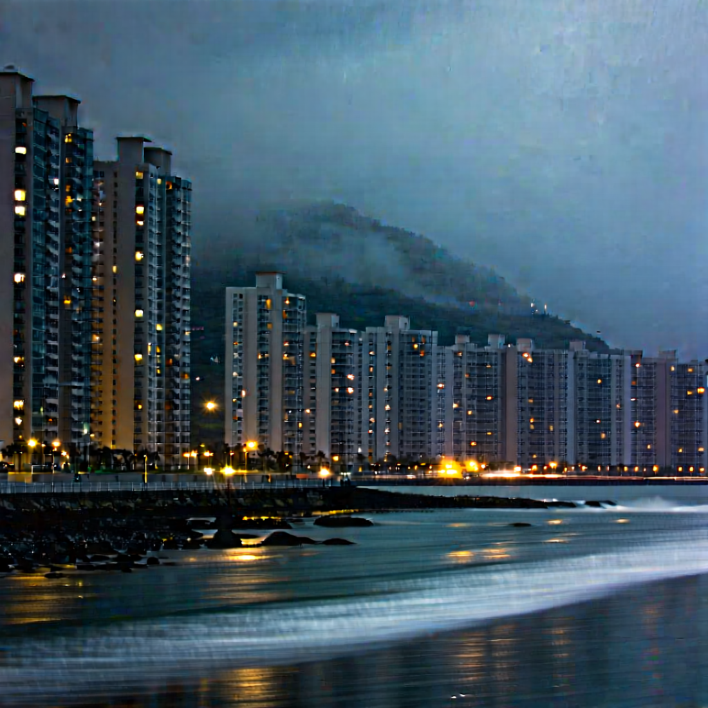 Urban Architectural Photography: Cityscape of coastal city during rainy evening