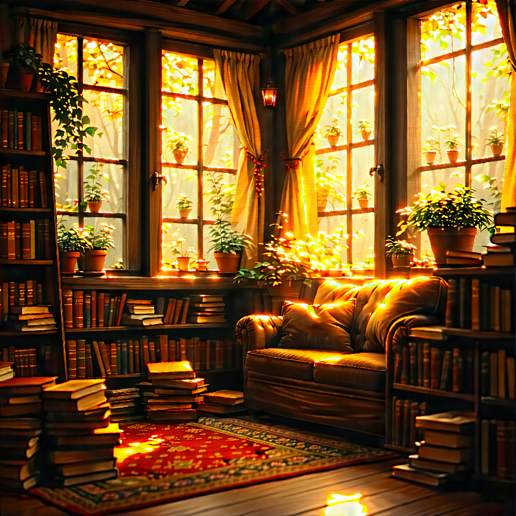 Lifestyle Etching: Reading Nook With Warm (lighting:1.19) With Image, There