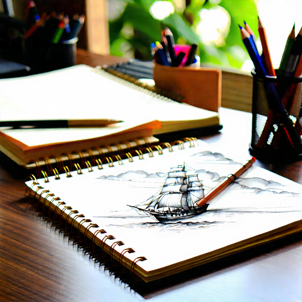 Business Ink Drawing: Workplace with notebooks and pens on desk