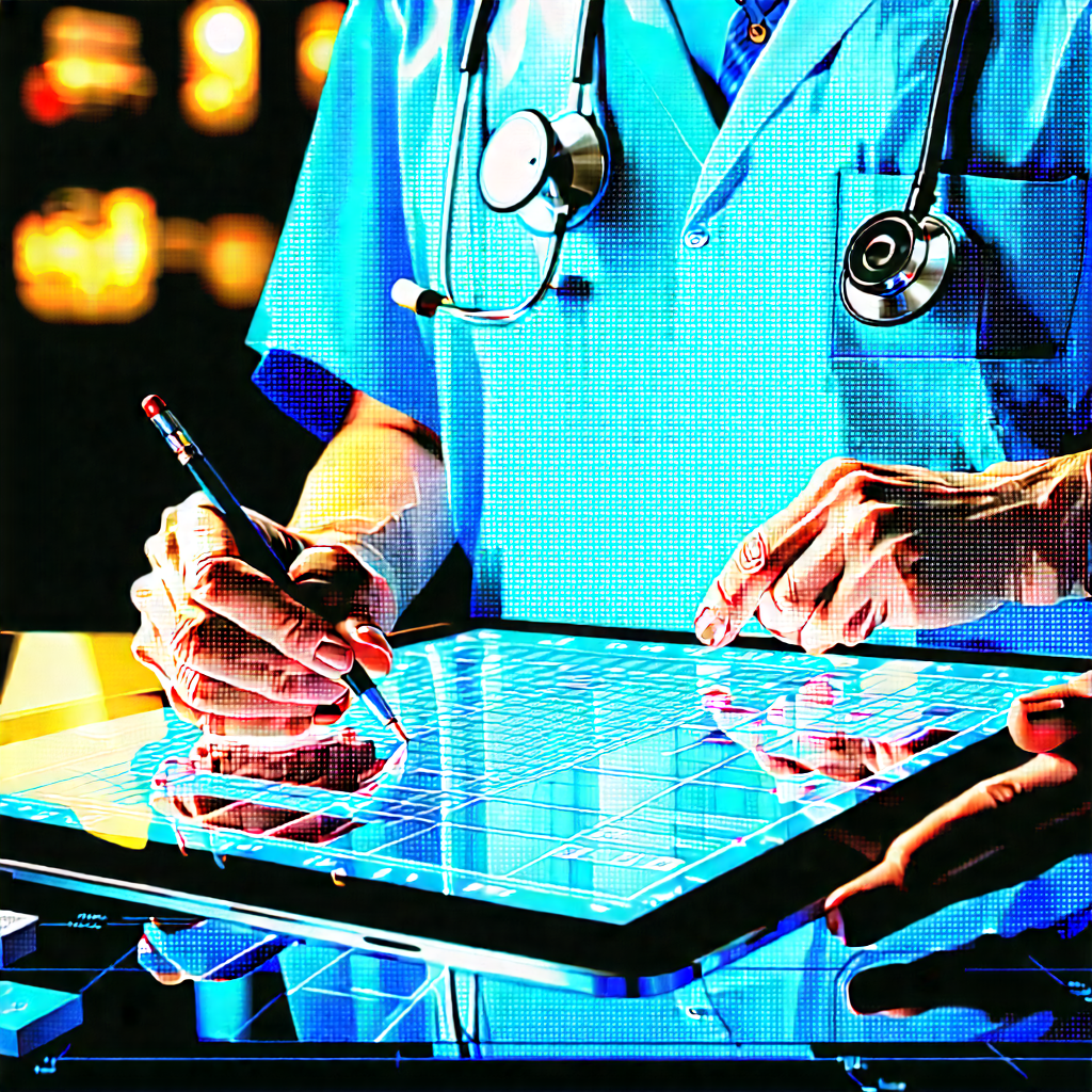 Business Blueprint Style: Healthcare professional using digital tablet