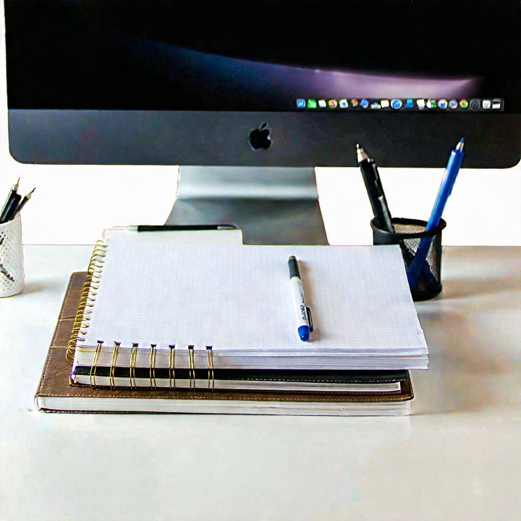 Business Professional Photography: Workplace with notebooks and pens on desk