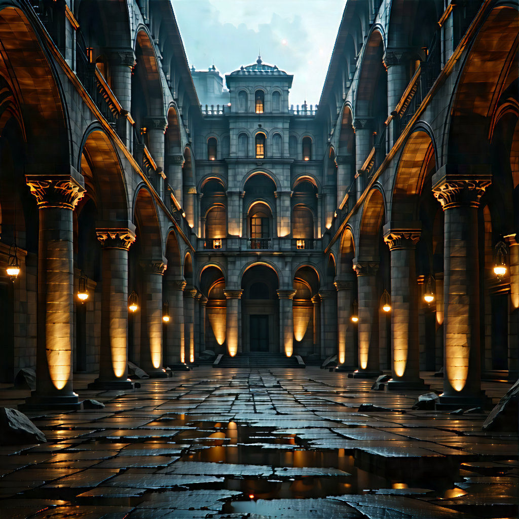 Urban Minimalist Design: Historic Building With (dramatic:1.24) (lighting:1.47) With Large, Dark,
