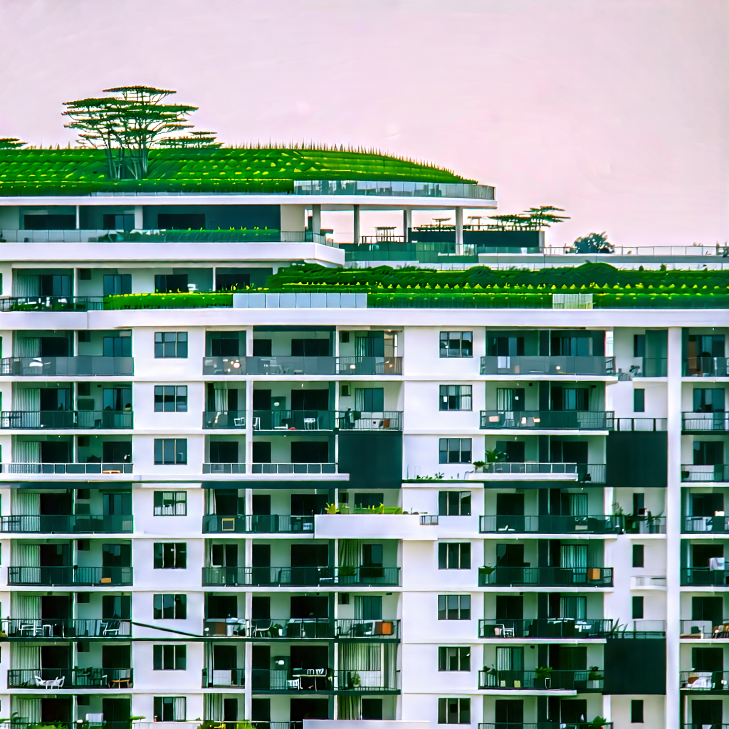 Urban Lithograph: (modern:1.23) Apartment Complex With Green Rooftop With Large White