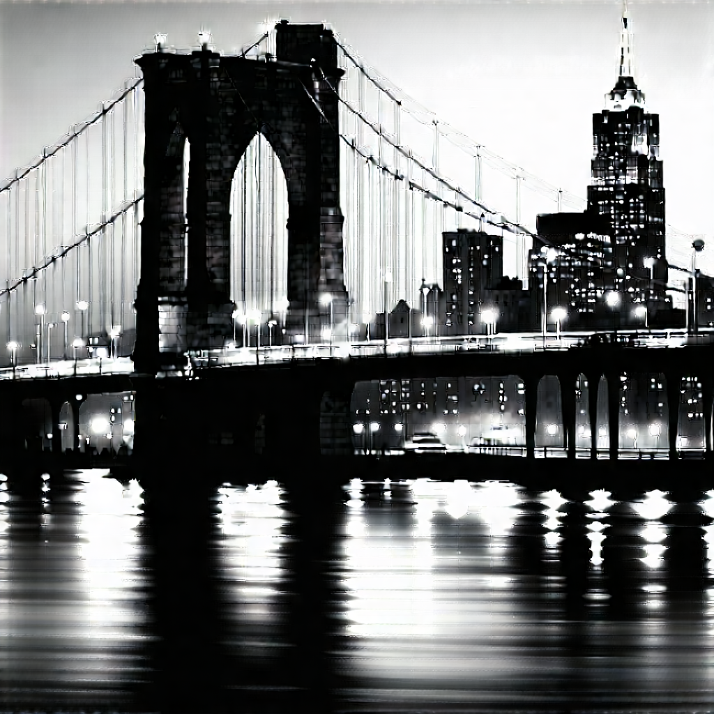 Urban Charcoal Drawing: Iconic Bridge With City Lights With Black White