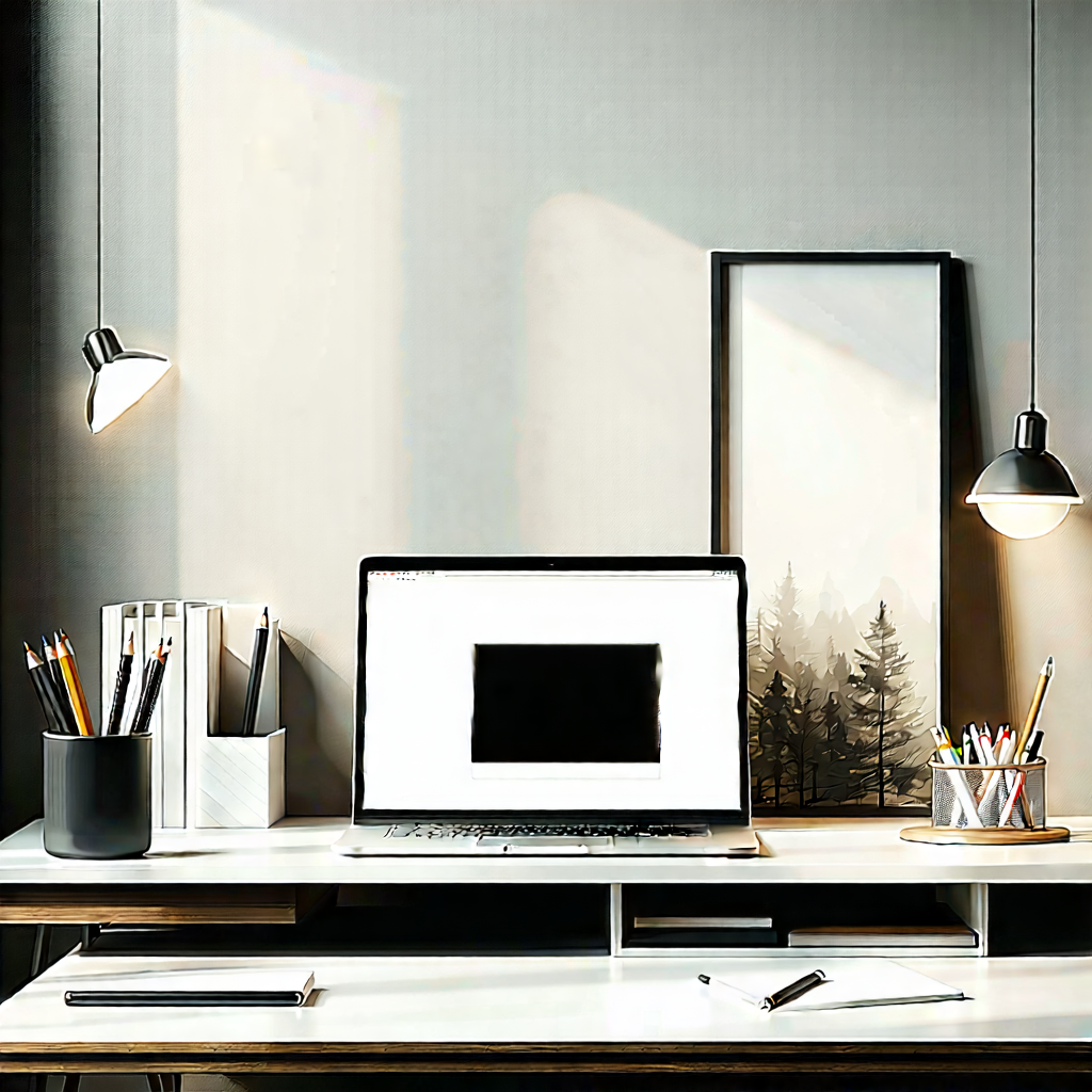 Lifestyle Vector Art: Home Office With Minimalist Decor With Desk Laptop