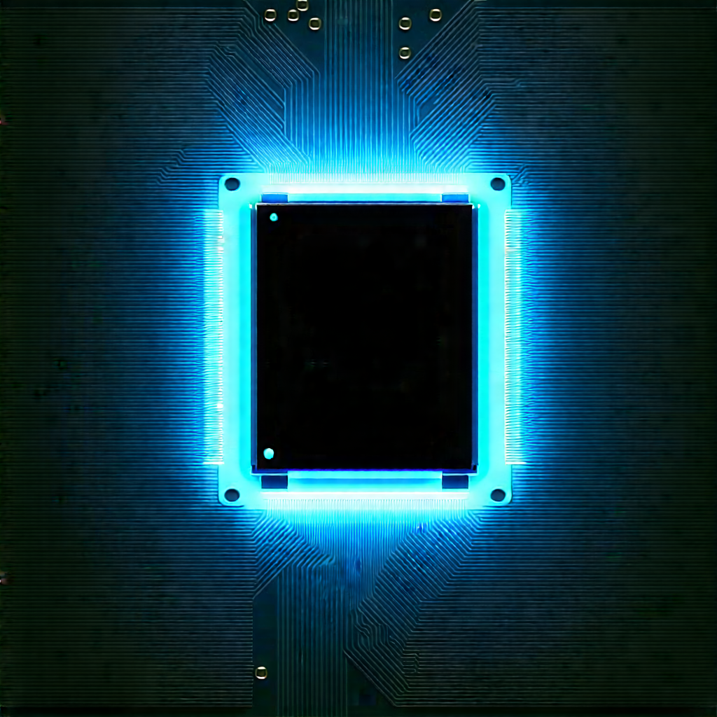 Tech Stock Photography: Microchip with blue light (glow:1.41)