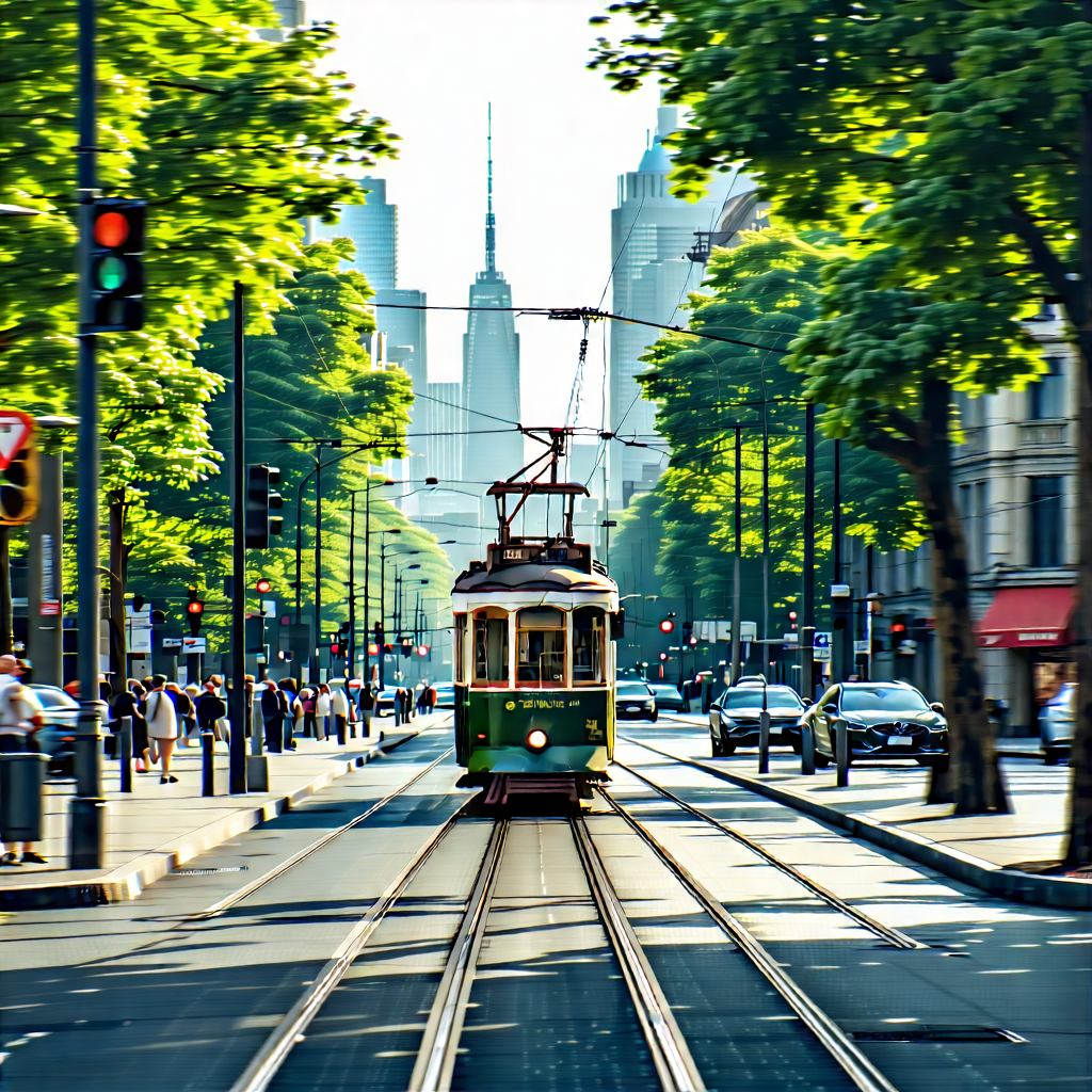 Urban Technical Illustration: City tram in main avenue